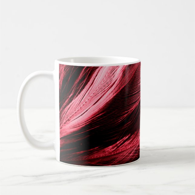 Beautiful abstract red feathers on dark background coffee mug (Left)