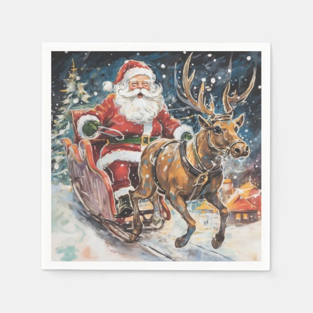 Beautiful Abstract Santa and Reindeer In a Rush Napkin (Front)