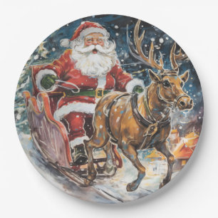 Beautiful Abstract Santa and Reindeer In a Rush Paper Plate