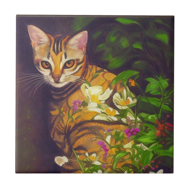 Beautiful Abyssinian Cat in a Midnight Garden Ceramic Tile (Front)