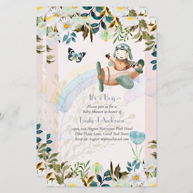 Beautiful Aeroplane Pilot Boys Baby Shower Invite (Front/Back)