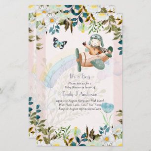 Beautiful Aeroplane Pilot Boys Baby Shower Invite