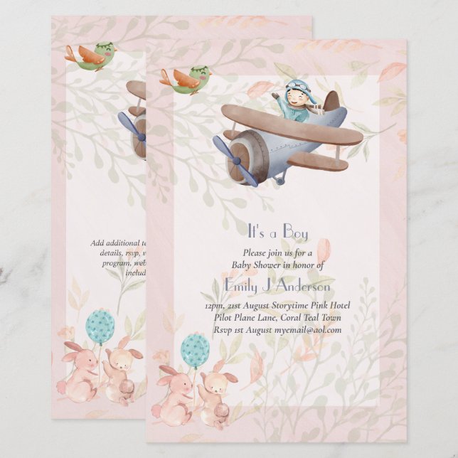 Beautiful Aeroplane Pilot Boys Baby Shower Invite (Front/Back)