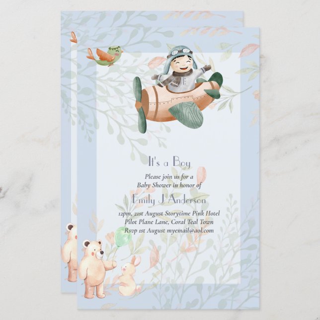 Beautiful Aeroplane Pilot Boys Baby Shower Invite (Front/Back)