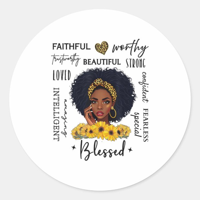 Beautiful African American Black Woman Sunflower L Classic Round Sticker (Front)