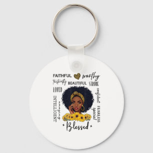 Beautiful African American Black Woman Sunflower L Key Ring