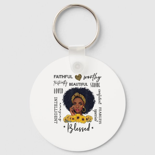 Beautiful African American Black Woman Sunflower L Key Ring (Front)
