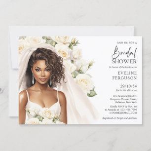 Beautiful African American Bride white roses boho Invitation