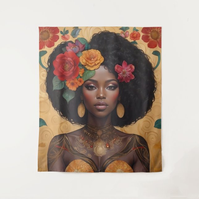 Beautiful African American Woman With Flowers Tapestry (Front)