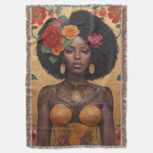 Beautiful African American Woman With Flowers Throw Blanket