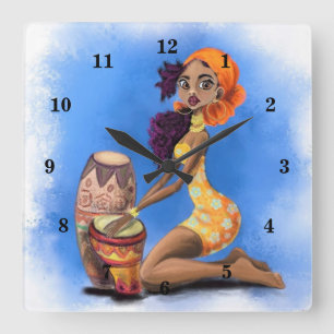 Beautiful African Drummer Girl - Happy Music Party Square Wall Clock