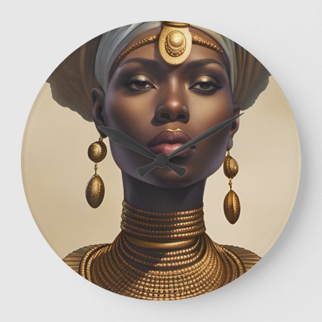 Beautiful African Goddess with coiled fabric hat Large Clock (Front)