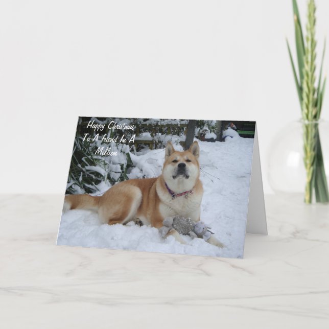 beautiful akita dog resting in the snow friend holiday card (Front)