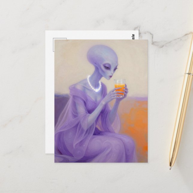 Beautiful Alien Lady in Purple With Orange Juice Postcard (Front/Back In Situ)