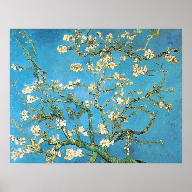 Beautiful almond blossom antique painting blue gre poster (Front)
