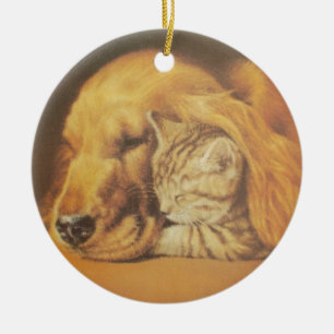 Beautiful Amazing Cat and Dog Cuddling Art Print Ceramic Ornament