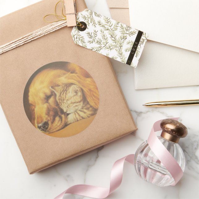 Beautiful Amazing Cat and Dog Cuddling Art Print Classic Round Sticker (Gifting)