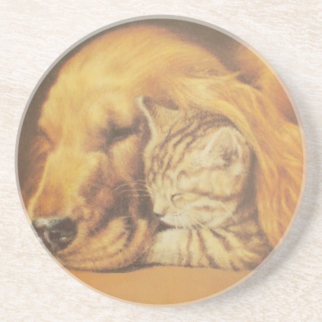 Beautiful Amazing Cat and Dog Cuddling Art Print Coaster (Front)