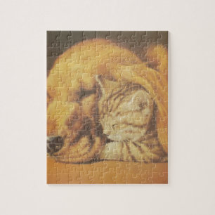 Beautiful Amazing Cat and Dog Cuddling Art Print Jigsaw Puzzle