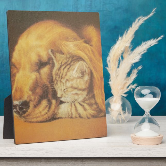 Beautiful Amazing Cat and Dog Cuddling Art Print Plaque (Side)