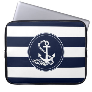 Beautiful Anchor Symbol Blue and White Stripes Laptop Sleeve