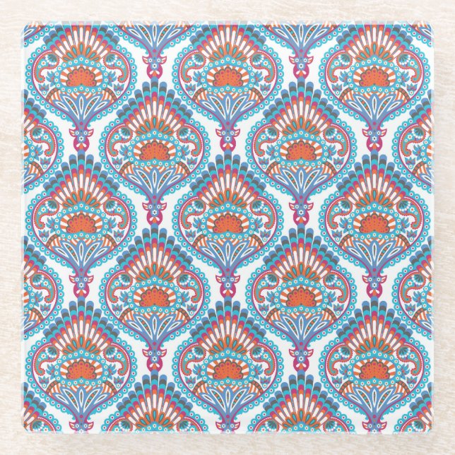 Beautiful and Colourful Ornate Paisley Pattern Glass Coaster (Front)