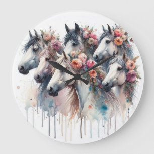 Beautiful and Colourful Watercolor Horses Clock
