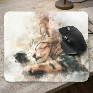 Beautiful and cute kitten sleeping watercolor mouse pad