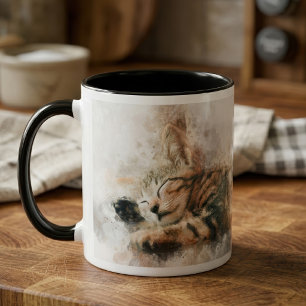 Beautiful and cute kitten sleeping watercolor mug