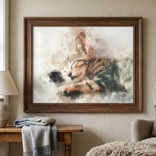Beautiful and cute kitten sleeping watercolor photo print