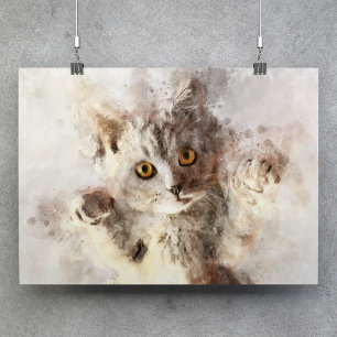 Beautiful and cute playful kitten watercolor poster