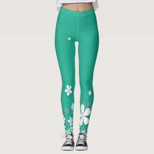 beautiful and cute white flowers green leggings