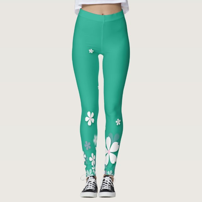 beautiful  and cute white flowers  green leggings (Front)
