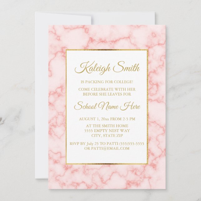 Beautiful and Elegant Pink Marble Gold Trunk Party Invitation (Front)