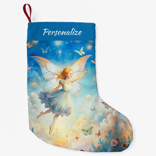 Beautiful Angel Flying in Clouds with Butterflies Small Christmas Stocking (Front)