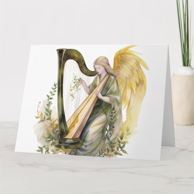 Beautiful Angel Playing Harp Watercolor Thank You Card (Front)