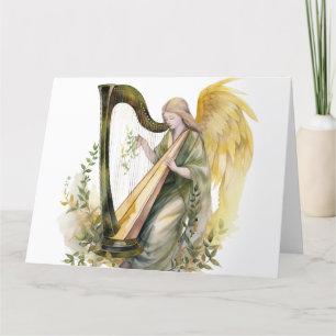 Beautiful Angel Playing Harp Watercolor Thank You Card
