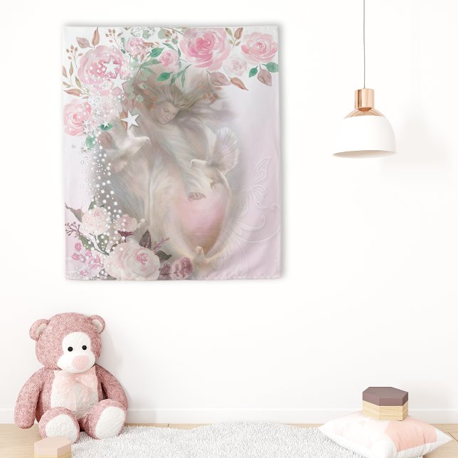 Beautiful Angel with Doves and Pink Roses Tapestry (Creator Uploaded)
