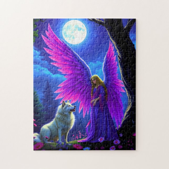 Beautiful Angel with large purple wings meets wolf Jigsaw Puzzle (Vertical)