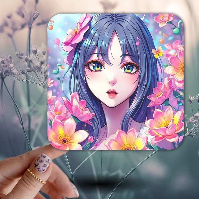 Beautiful Anime Girl and Flowers Square Sticker (Creator Uploaded)