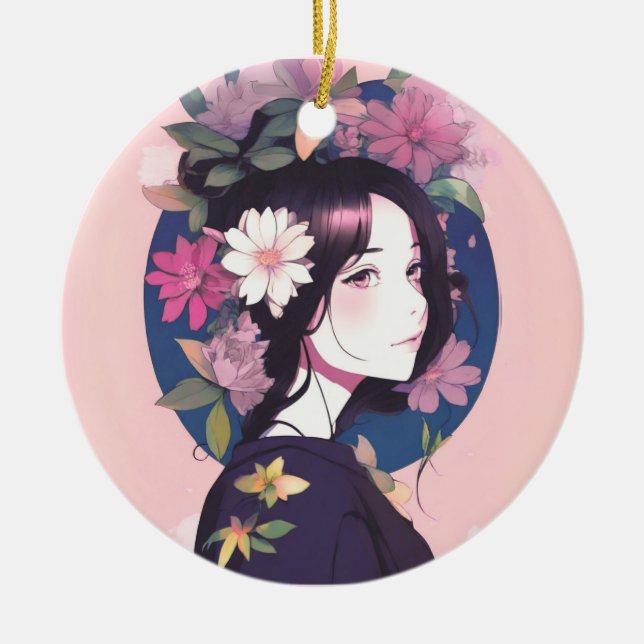 Beautiful Anime Girl Crowned with Flowers Ceramic Ornament (Front)