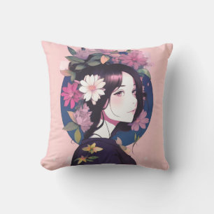 Beautiful Anime Girl Crowned with Flowers Cushion