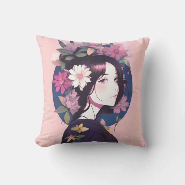 Beautiful Anime Girl Crowned with Flowers Cushion (Front)