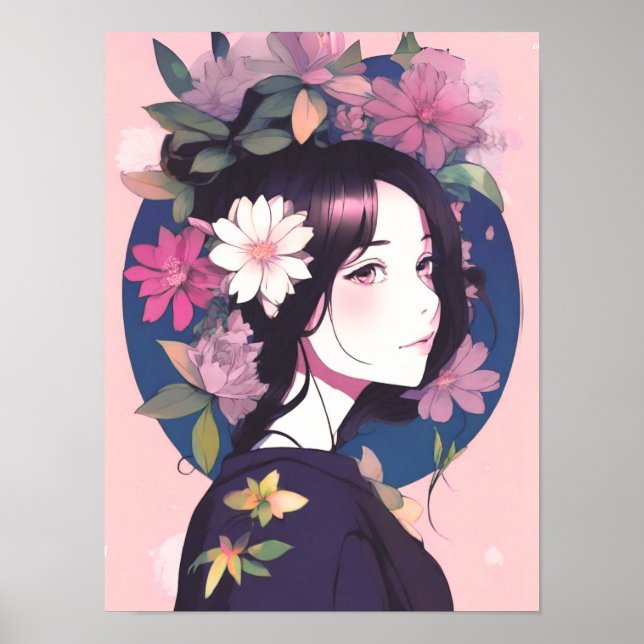 Beautiful Anime Girl Crowned with Flowers Poster (Front)