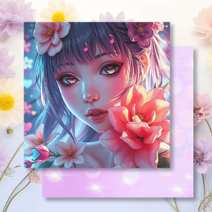Beautiful Anime Girl Glitchcore Floral Card