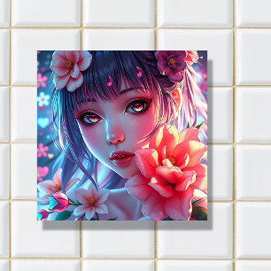Beautiful Anime Girl Glitchcore Floral Ceramic Tile