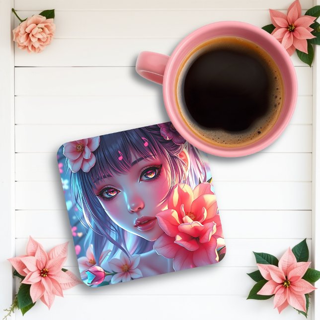 Beautiful Anime Girl Glitchcore Floral Coaster (Creator Uploaded)