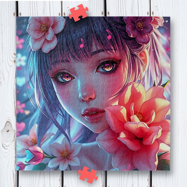 Beautiful Anime Girl Glitchcore Floral Jigsaw Puzzle (Creator Uploaded)