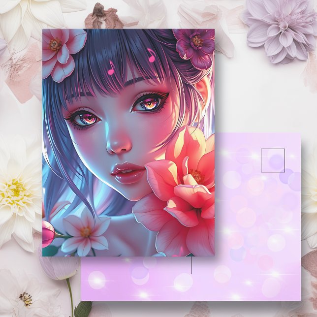 Beautiful Anime Girl Glitchcore Floral Postcard (Creator Uploaded)