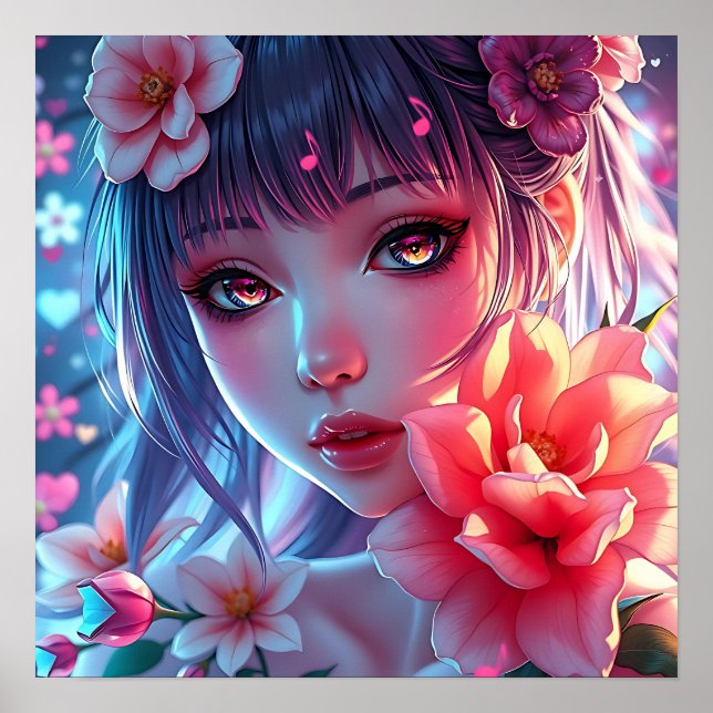 Beautiful Anime Girl Glitchcore Floral Poster (Front)
